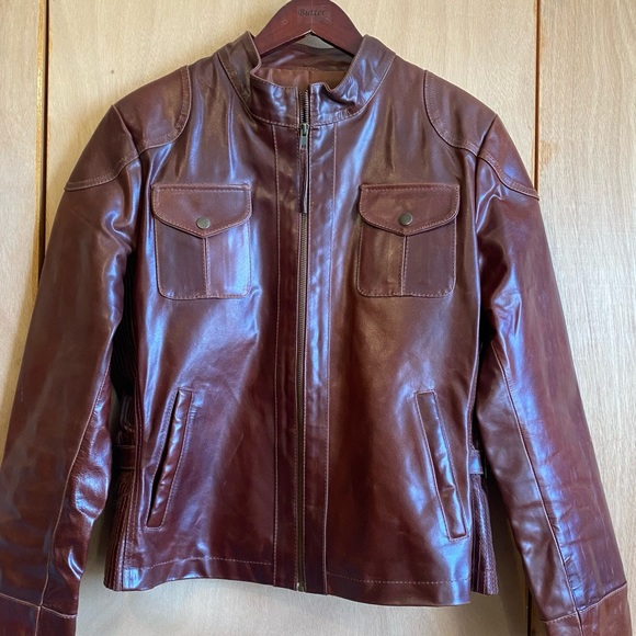 Leather biker jacket, women’s size 3X, dark wine color, flex side panels. - Picture 6 of 7